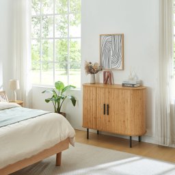 Comoda cu 2 usi glisante si 8 compartimente, bambus, 100x40x80 cm