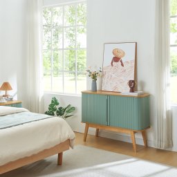 Comoda din bambus cu usi glisante albastre 110x40x80 cm