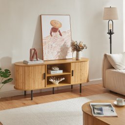 Comoda TV din bambus 140x40x55 cm cu usi glisante, natur