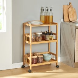 Carucior de servire din bambus Huddinge cu 3 rafturi si roti 80x53x30 cm
