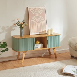 Comoda TV din bambus 120 cm albastru cu usi glisante Tysvær