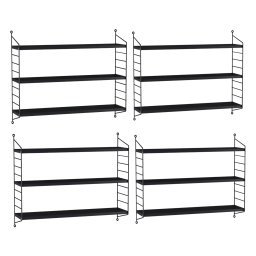 Set 4 rafturi de perete modulare negre din otel, 3 polite, en.casa