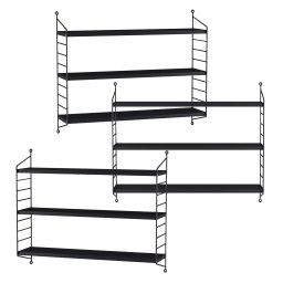 Set 3 rafturi de perete modulare negre din otel, 3 polite fiecare