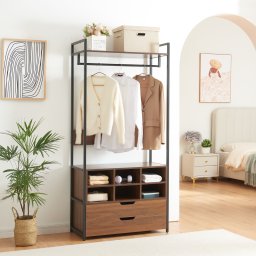 Cuier hol cu bara pentru haine, 6 rafturi si 2 sertare, negru nuc