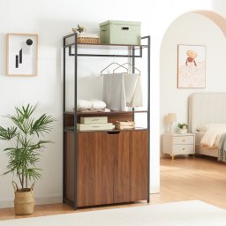 Garderoba Larem cu bara pentru haine si dulap, negru/nuc, 180 x 84 x 40 cm