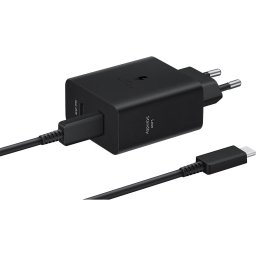 Incarcator retea Samsung EP-T5020XBEGEU, Super Fast Charger 50W, Adapter Duo USB Type-C, Low Standby, cablu Type-C (5A) inclus, Negru