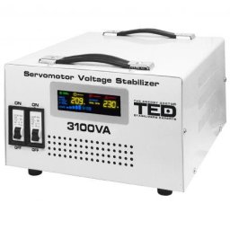 Stabilizator tensiune monofazat 1.8KW 1800W cu ServoMotor si 2 iesiri Schuko + ecran LCD cu valorile tensiunii