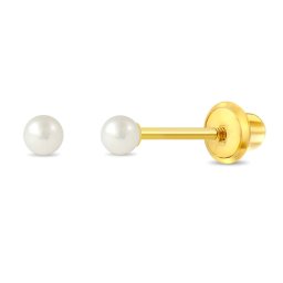 Cercei nou nascuti din Aur 14K cu Perle de Cultura 2.5mm, model Rotund Clasic, inchidere cu Filet si Protectie