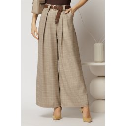 Pantaloni casual bej croi larg si curea in talie
