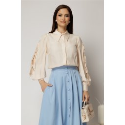 Camasa DY Fashion bej cu funde pe maneci cu adaos de rayon