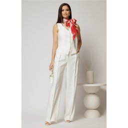 Pantaloni DY Fashion albi cu pliu din talie si banda cu nasture imbracat