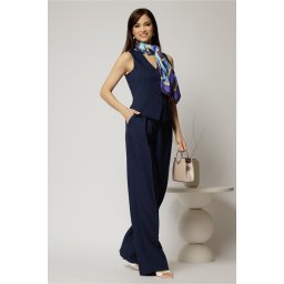 Pantaloni DY Fashion bleumarin cu pliu din talie si banda cu nasture imbracat