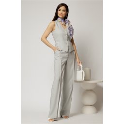 Pantaloni DY Fashion gri cu pliu din talie si banda cu nasture imbracat