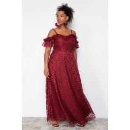 Trendyol Curve Burgundy Strappy A-Line/Flared Lace Maxi/Long Length Evening Dress/Graduation/Engagement/Evening Dress