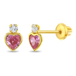 Cercei din Aur 14K pentru Copii, model Royal Heart cu Piatra CZ Alba si Roz, inchidere cu Filet si Protectie