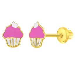 Cercei din Aur 14K pentru Copii, model Cupcake cu Email Roz si Alb, inchidere cu Filet si Protectie