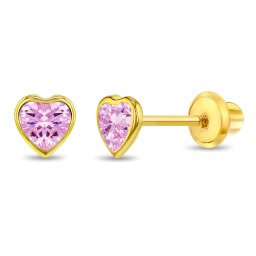 Cercei din Aur 14K pentru Copii, model Heart Baby cu Piatra CZ Roz, inchidere cu Filet si Protectie