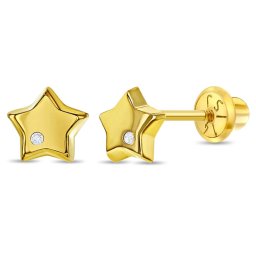 Cercei din Aur 14K pentru Copii, model Stea cu Diamant, inchidere cu Filet si Protectie