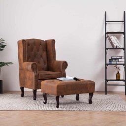 Fotoliu Chesterfield si taburet, maro, imitatie piele întoarsa GartenMobel Dekor