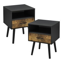 Set 2 noptiere Gävle negre cu sertar si raft, aspect lemn inchis