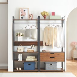 Set 2 garderobe cu rafturi si 2 sertare Larem, negru/nuca