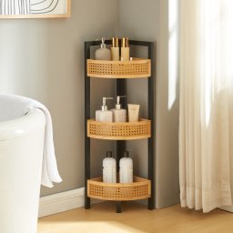 Raft de colt Tervola pentru baie sau bucatarie, 80 cm, negru si bambus
