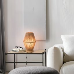 Veioza de masa Arundel E27 cu aspect lemn si abajur din iuta