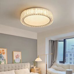 Lustra LED cu telecomanda si cristal, 59W, 50 cm, dimabila, aurie