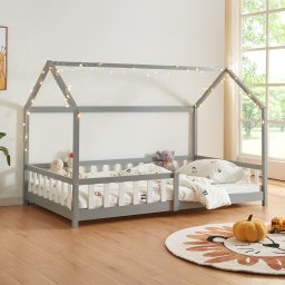 Pat copii tip casuta Hesel 120x200 cm cu protectie anti-cadere, gri