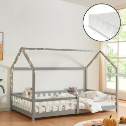Pat copii tip casuta 120x200 cm cu saltea si protectie, gri