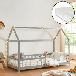 Pat copii tip casuta Hesel 90x200 cm gri, cu saltea si protectie