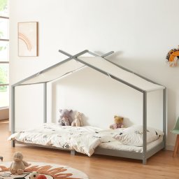 Pat copii tip casuta Brome din lemn 90x200 cm gri cu somiera
