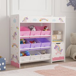 Raft pentru copii cu dulap, 9 cutii si model unicorn 80x90x30 cm