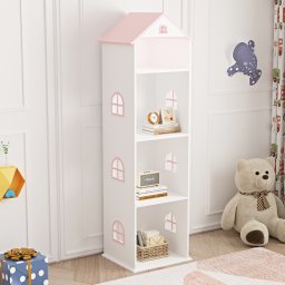 Biblioteca pentru copii tip casuta Vipsali, alb/roz, 140x40x35 cm