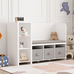 Biblioteca pentru copii cu bancuta si cutii de depozitare, alb/gri