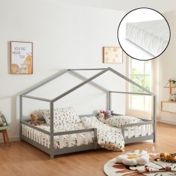 Pat copii tip casuta Treviolo 140x200 cm cu saltea si grilaj, gri/alb