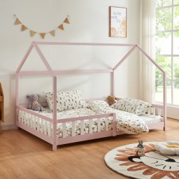 Pat copii tip casuta Hesel 120x200 cm roz, cu protectie anti-cadere