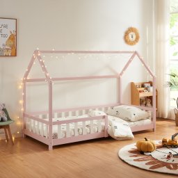 Pat copii tip casuta 90x200 cm roz, cu protectie anti-cadere