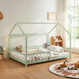Pat casuta pentru copii 140x200 cm verde menta cu protectie anti-cadere