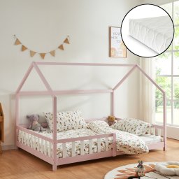 Pat copii tip casuta 120x200 cm roz cu saltea si protectie [en.casa]