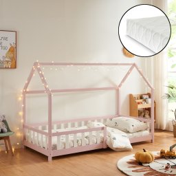 Pat copii tip casuta Hesel 90x200 cm, roz, cu saltea si protectie