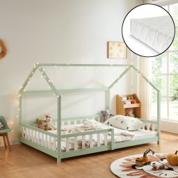 Pat copii tip casuta Hesel 140x200 cm cu saltea si protectie, verde menta