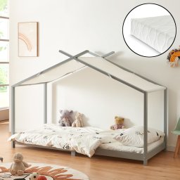 Pat copii tip casuta Brome 90x200 cm gri cu saltea