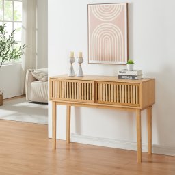 Masa consola Ypäjä din bambus, cu usi glisante, 110x39x81 cm