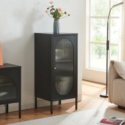 Dulap lateral Karlskrona din otel, negru mat, cu usa din sticla