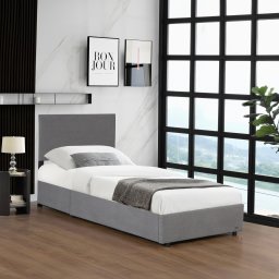 Pat tapitat Juva din cord, cu somiera rabatabila si lada 90x200 cm, gri
