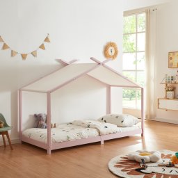 Pat copii tip casuta Brome din lemn 90x200 cm roz cu somiera