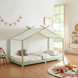 Pat copii tip casuta Brome din lemn 90x200 cm verde menta, cu somiera