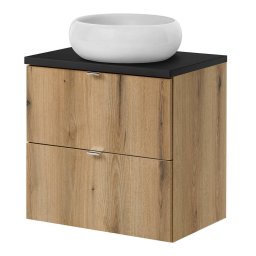 Dulap baie suspendat cu lavoar ceramic si 2 sertare, 60 cm, stejar/negru