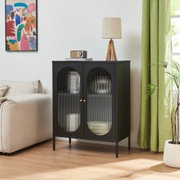 Sideboard Karlskrona negru mat cu sticla riflata 102x80x40 cm
